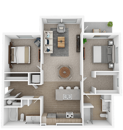 Floor plan for 2 beds, 2 baths, 1005 sqft